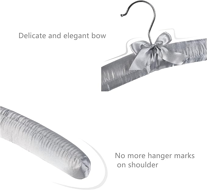 Grey Satin Padded Sweater Hangers 10 Pack, Blouse Hanger with Thick & Soft Foam for Bridal Wedding Dress Lingerie, Smooth Silk Covered Shirt Hanger Without Shoulder Bump