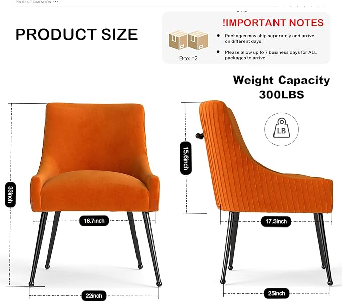 Velvet Dining Chairs Set of 4,Orange Upholstered Living Room Chairs with Black Metal Legs, Modern Tufted Accent Chairs for Living Room, Study Room, Kitchen