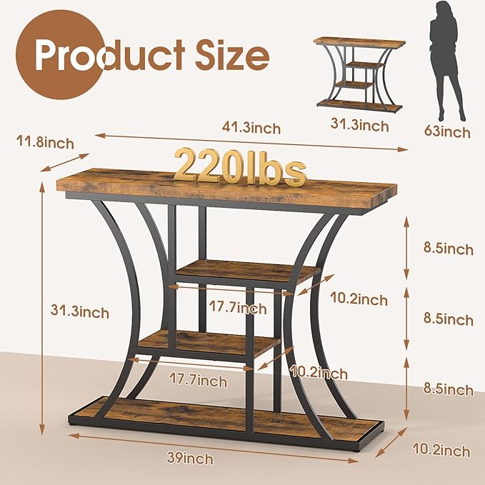 41.3'' Industrial Sofa Table with 4 Tier Storage Shelves, Narrow Long Console Table Entryway Table with Curved Metal Frame, Rustic Wood Accent Table for Hallway, Foyer, Rustic Brown