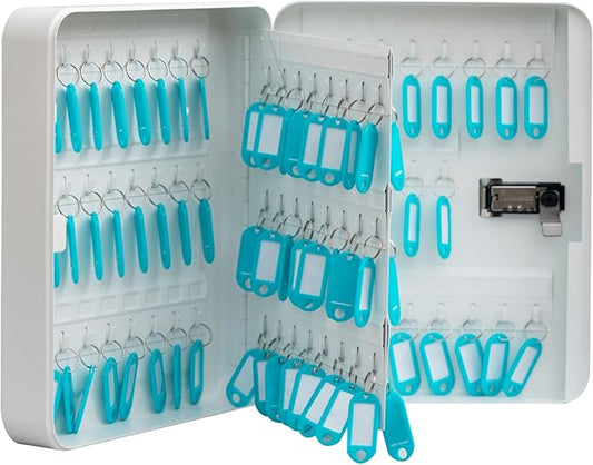 Key Cabinet Lock Box for 93 Keys, Wall Mounted White Security Storage Box Steel Key Organizer with Key Tag Labels Stickers and Hooks