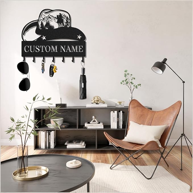 Personalized Key Holder for Wall, Custom Metal Cowboy Key Hooks with Name, Meta Jacket Holder Hooks Organizer Rack, Jacket Hanger Decor for Kitchen, Entryway, Hallway, Office, Doorway