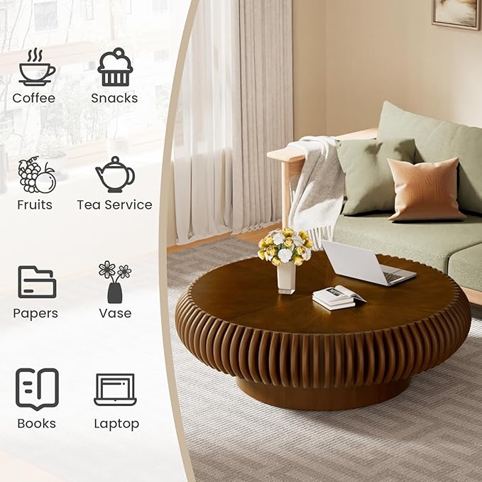 Round Fluted Coffee Table Modern Handcraft Drum Coffee Table with Sturdy Pedestal 39.37" Farmhouse Center Table Tea Table for Living Room, Reception Room, Entertainment Room (Walnut 39.37")