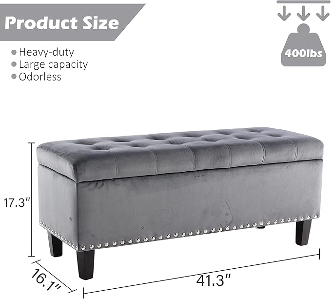 Ottoman with Storage, Storage Ottoman Bench with Button-Tufted, Upholstered End of Bed Bench with Wooden Legs for Bedroom, Entryway (Grey, Set of 1)