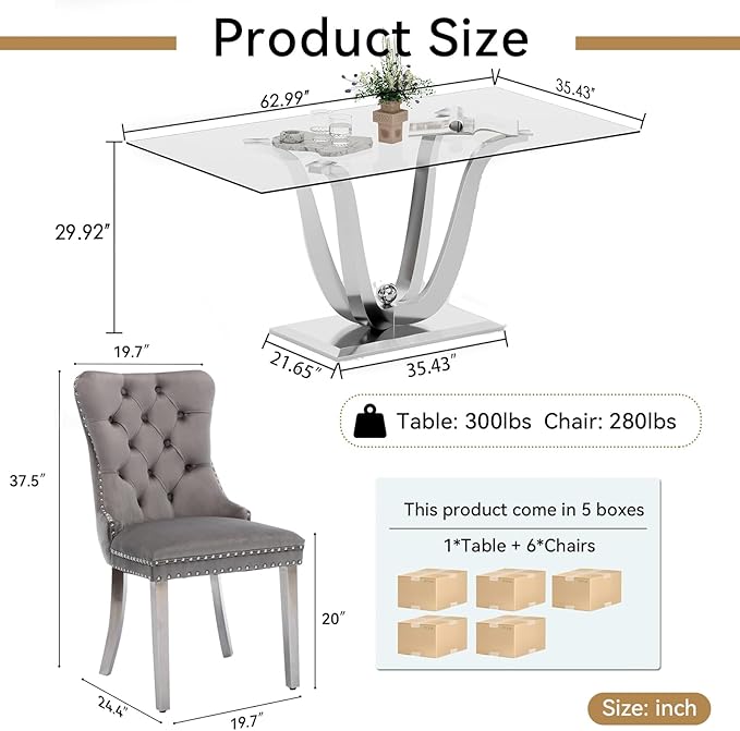 70" Modern Silver Glass Dining Table Set for 6, 7-Piece Rectangle Kitchen Dining Room Table Set with Steel Base & 6 Grey Velvet Upholstered Chairs, Modern Glass Kitchen Table and Chairs Set of 6