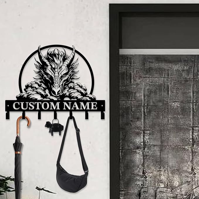 Customized Name Key Hook - Evil Dragon Design Keys Holder Decor Black Iron Metal Wall Organizer for Home & Office (Multiple Sizes) (Style E)
