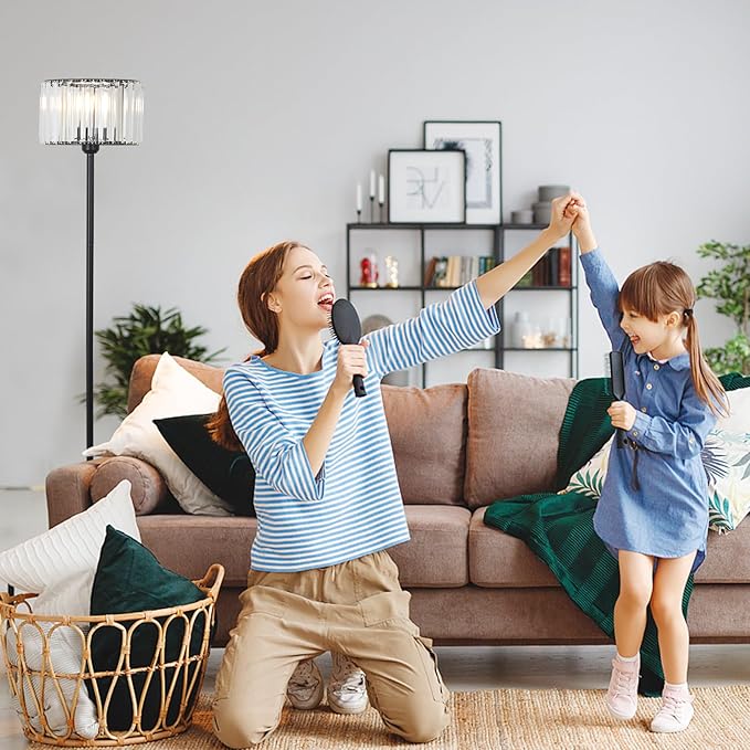 HMVPL Black Floor Lamp for Bedroom, Modern Floor Lamp for Living Room with K9 Crystal Shade, Industrial Standing Lamp with On/Off Switch, Vintage Corner Tall Lamp for Nursery Office Kids Girls Room