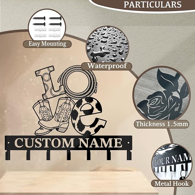 Custom Western Cowboy Metal Iron Key Hooks,Personalized Name & Text Engraving,Decor Wall Keys Holderfor Home Entryway (Style G)