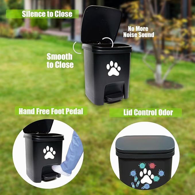 tebiete Dog Poop Waste Bag Container Dog Poop Trash Can Outdoors Pet Waste Station with Lid Dog Waste Disposal Container Bin Bucket Hands-Free Pedal Garden Yard Home with 100pc Waste Bags, Black