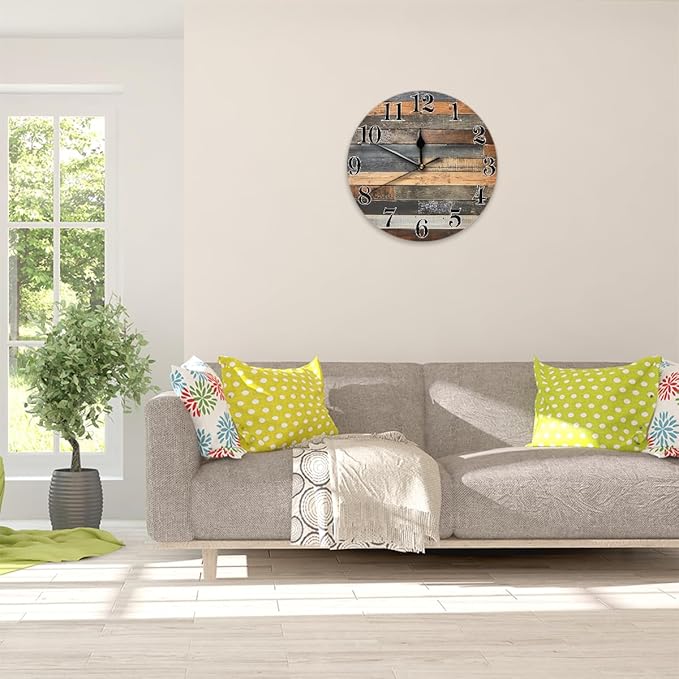 Vintage Coastal Wooden Print Wall Clock Battery Operated 10 in Round Wall Clocks Slilent Non Ticking Quartz Analog Clock for Bedroom Kids Living Room Classroom Decor
