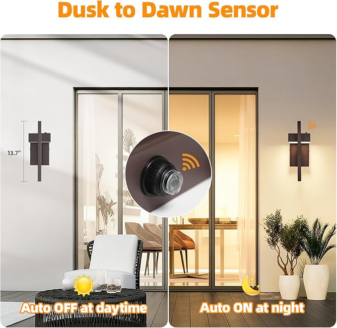 tewei LED Outdoor Wall Sconce Dusk to Dawn Outdoor Lighting, Modern Exterior Lighting Fixtures, Brown LED Front Porch Lights Outside Wall Mount Lights for House, Hallway, Warm White 3000K, 1 Pack