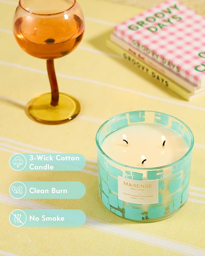 M&SENSE Mint Lime Scented Candle,11.6oz Natural Soy Wax Non Toxic for Home, 3 Wick Jar Candle, Up to 60 Hours Burn time, Stress Relief Candles for Women/Men