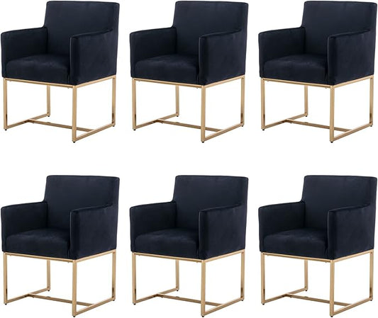 Set of 6 Upholstered Velvet Dining Chairs with Armrest, Mid Century Modern Accent Armchairs, Modern Kitchen & Dining Room Chairs with Gold Frame, Black