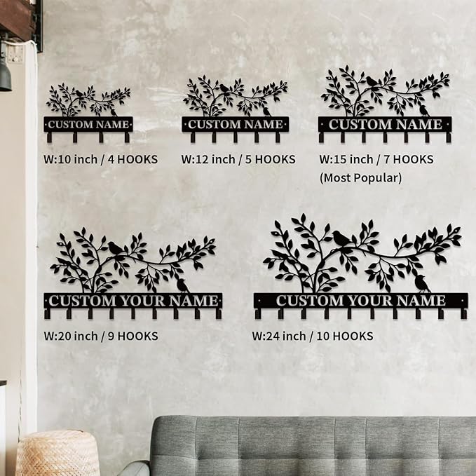 Personalized Custom Name Birds of Trees Wall Key Hooks,Metal Birds of Trees Art Clothes Hooks,Metal Birds of Trees Wall Home Storage Decorative,For Front Door, Hallway, Kitchen, Bedroom(Style A)