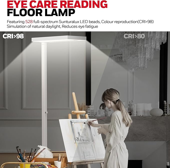 Honeywell 10400LM LED Floor Lamp, 02E Pro Sunturalux Eye-Caring Reading Standing Light, 100W Modern Natural Daylight 4000K Dimmable 77" Tall Floor Lamps for Living Room Kids Study Home Office