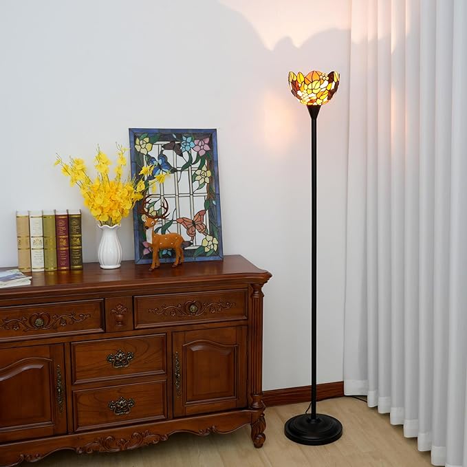 Tiffany Floor Lamp Tochiere Standing Lamp Yellow Grapes Style Stained Glass Floor Light Vintage Tall Pole Uplight Rustic Corner Lamp with Foot Switch for Home Decor Living Room Bedroom