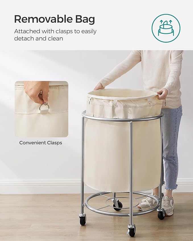 SONGMICS 50.2-Gallon (190 L) Laundry Basket with Wheels, Rolling Round Heavy-Duty Laundry Hamper Cart with Steel Frame and Removable Bag, 2 Locking Wheels, Cream White and Metallic Silver URLS01MZ