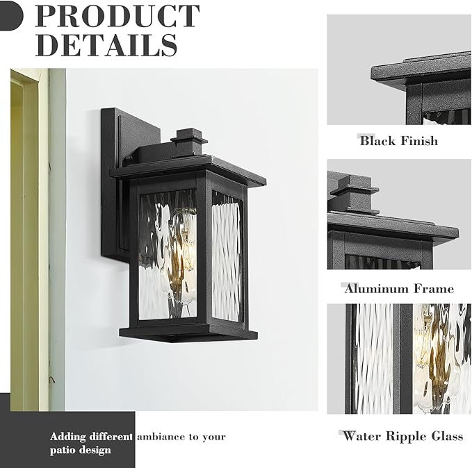 Emliviar 2-Pack Farmhouse Outdoor Wall Lights, 12 Inch Exterior Lights Fixture for House, Black Finish with Water Ripple Glass, 1803EW1-2PK-WP BK