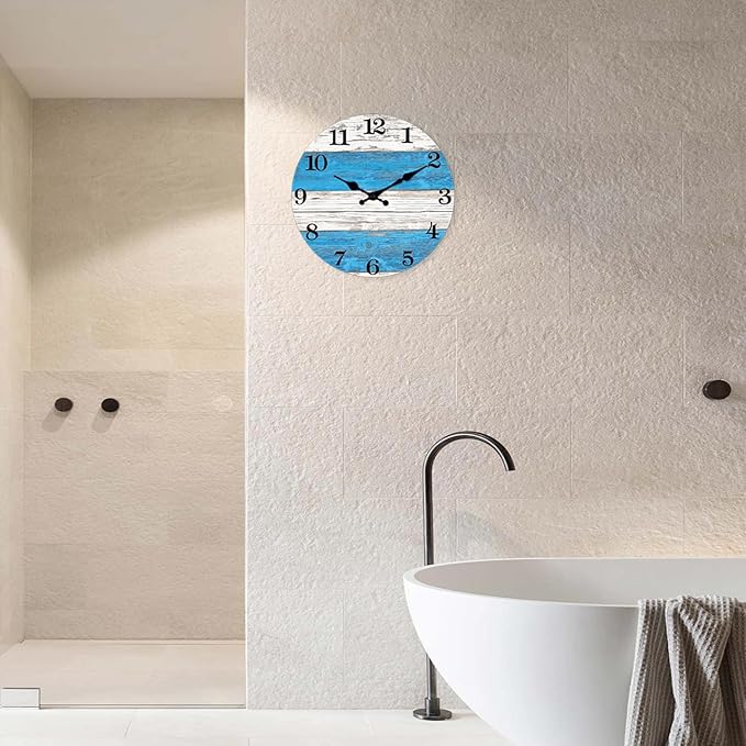 XNM Kitchen Clocks Wall Battery Operated 14 Inch Blue and White Wall Clock Silent Round Farmhouse Clock for Wall(No Solid Wood, It is with MDF Material)
