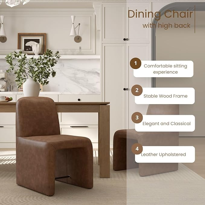 Brown Upholstered Leather Dining Chairs Set of 4, Mid Century Modern Dining Room Chairs with Deep Seat & Curved Back, Armless Side Chair Comfy Kitchen Chairs for Living Room/Kitchen