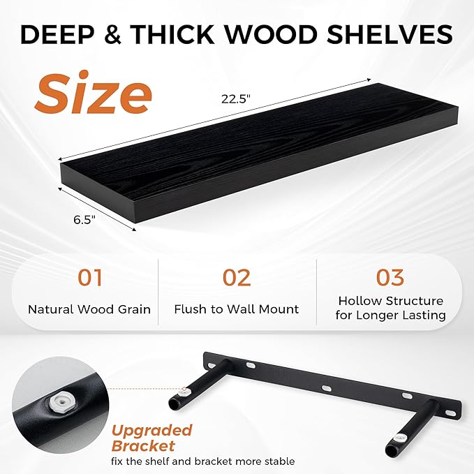 Fun Memories Floating Shelves for Wall, 22.5" Rustic Wood Deep Wall Mounted Shelves with Invisible Brackets for Decor & Storage, Floating Shelf for Living Room, Bathroom (Black, Set of 2)