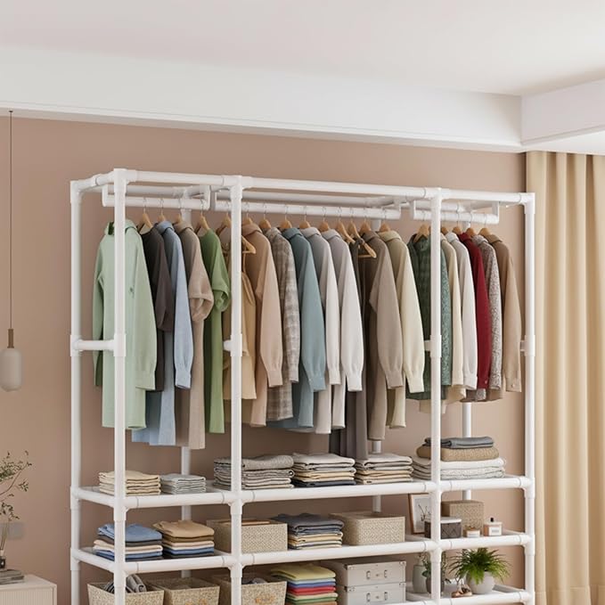 Portable Closet,Portable Closets for Hanging Clothes,Japanese Style Garment Rack Clothing Rack with 3 Drawers,1 Hanging Rods and 2 Storage Shelves,43.3" L x 17.7" W x 65.1" H,White