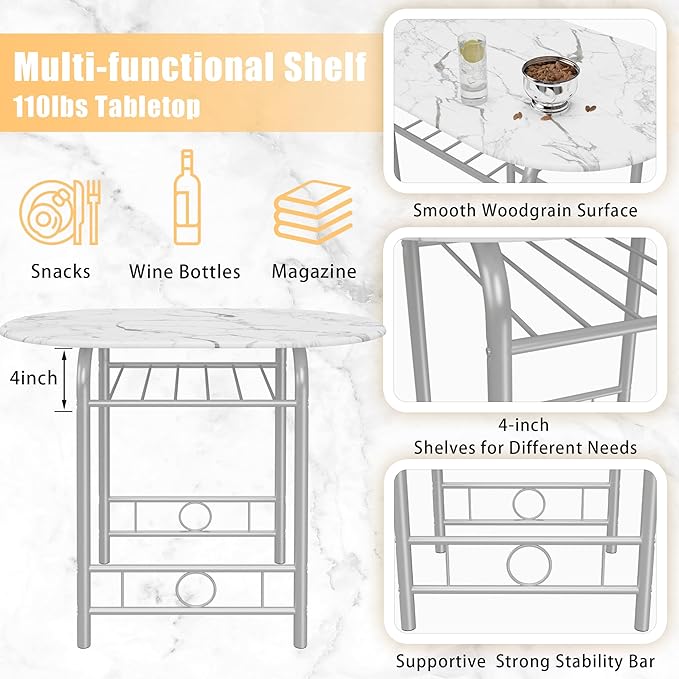 JUMMICO 3-Piece Wooden Round Table & Chair Set, Space Saving Kitchen Breakfast Nook Wood Grain Tabletop with Metal Frame and Built-in Wine Rack for Kitchen, Dining Room (White/Silver)
