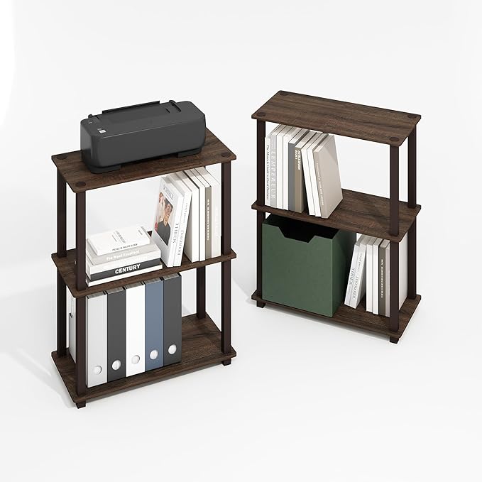 Furinno Turn-S-Tube Storage Shelves Set of 2, 3-Tier Book Shelf, Corner Shelf, Toolless Open Shelves, Square Tubes, for Organization and Storage, Living Room, Garage, Home Office, Black Walnut