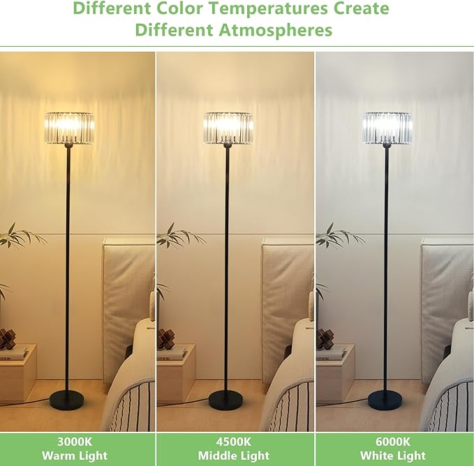 HMVPL Black Floor Lamp for Bedroom, Modern Floor Lamp for Living Room with K9 Crystal Shade, Industrial Standing Lamp with On/Off Switch, Vintage Corner Tall Lamp for Nursery Office Kids Girls Room