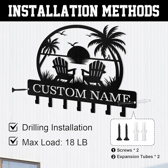 Personalized Key Holder for Wall, Beach Theme Key Holder Wall Mount with Hooks, Coconut Trees Key Hanger Wall Decor for Pool Bathroom Hallway Entryway Office, Customized Home Decor Gifts Color06