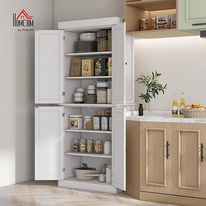 HOMCOM 72.5" Freestanding Kitchen Pantry Cabinet, Tall Storage Cabinet with 4 Doors and 2 Adjustable Shelves for Dining Room, White