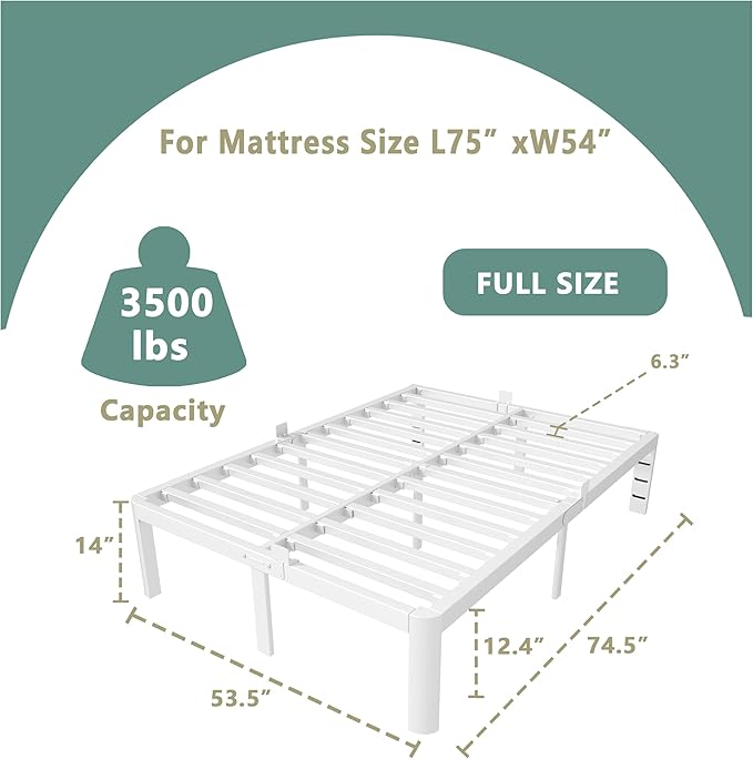 ITIMIDI 14 Inch White Full Size Bed Frame, Full Metal Platform Bed Frames with Round Corner Legs, Heavy Duty Steel Support 3500 LBS, Storage Space, No Box Spring Needed, Noise Free, Easy Assembly