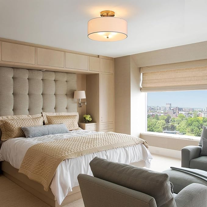 12.6" Semi Flush Mount Ceiling Light Fixture, 3 Light Gold Drum Light Fixtures with White Fabric Shade, Modern Close to Ceiling Lighting for Living Room, Bedroom, Hallway, Entry, Foyer