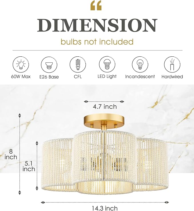 Rattan Light Fixtures Ceiling Mount, 4-Light 14" Boho Semi Flush Mount Ceiling Light with White Hand-Woven Shade in Quatrefoil Shape for Kitchen Nursery Bedroom, Gold, AD-22007-4SF-RA-WH