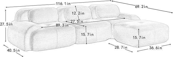 116" Modern Corduroy Cloud Sofa with Ottoman, L Shaped Boneless Modular Large Sectional Couches for Living Room, Camel 3 Seater Compressed Memory Foam Couch, Extra Deep Seat, No Assembly
