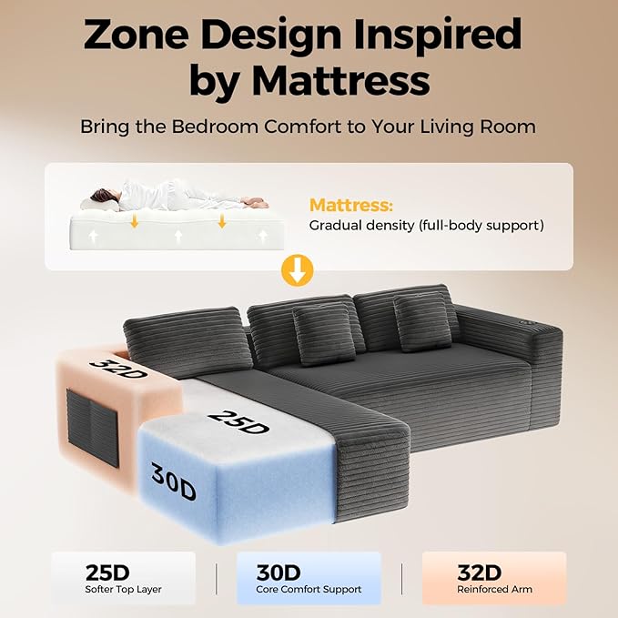 108” Cloud Sectional Couch in One Box, Compressed Modular Sectional Sofa with Deep Seat, Corduroy Boneless Couches, L-Shaped Sofa for Living Room, 4 Storage Pockets(Left Facing Chaise, Grey)