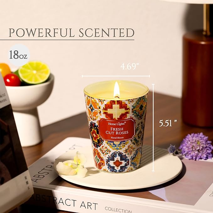 HomeLights Large jar Candle | 1-Wick Long-Lasting Scented Candles, 6.7oz Natural Soy Wax Candle for Home Scented, Bohemian Natural Textures Gifts for Women & Men, Fresh Cut Roses