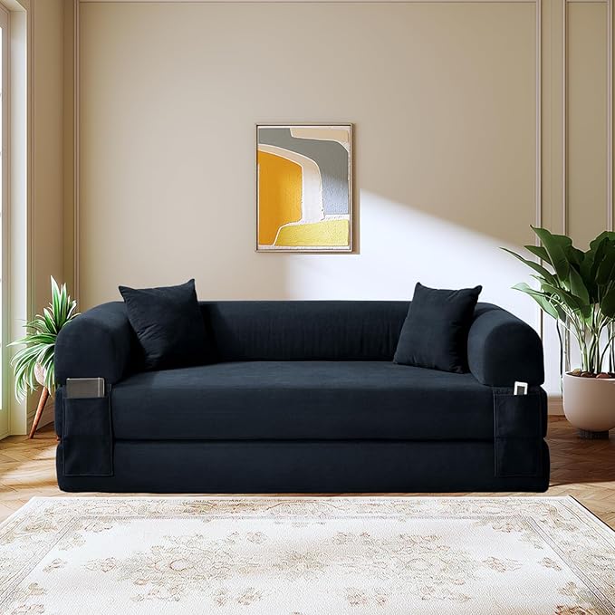 80" Convertible Sofa Bed,Folding Pull Out Couch with Pillows & Storage Pocket,Modular Corduroy Queen Sleeper Sofa in a Box,No Assembly Boneless Couch for Living Room,Deep Blue