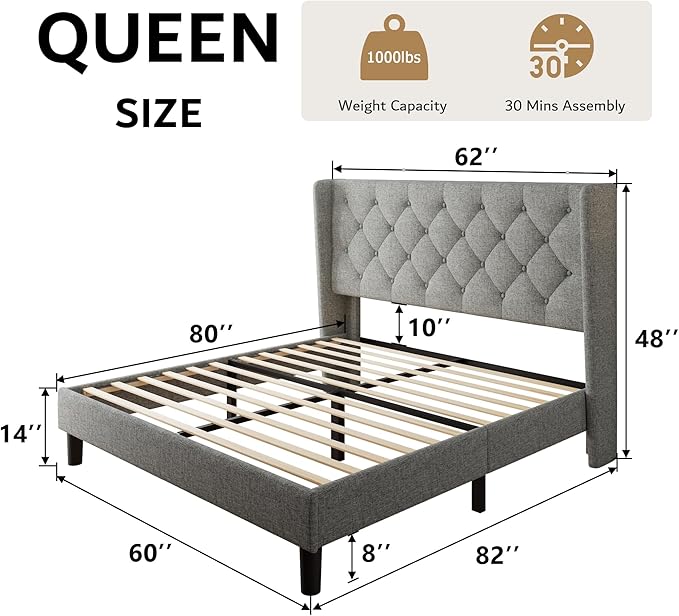 iPormis Queen Size Platform Bed Frame with Button Tufted Headboard, Upholstered Bed Frame with Solid Wooden Slats, 8" Underbed Space, No Box Spring Needed, Noise Free, Easy Assembly, Light Gray