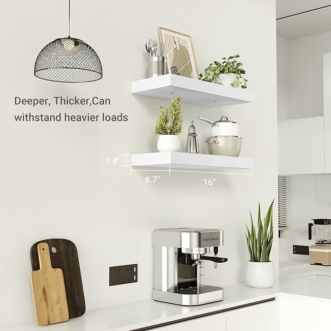 Vivelove 16 inch Floating Shelves for Wall, Bathroom Shelves Over Toilet, Wall Shelf for Bedroom, Living Room, Kitchen, Office Home Decor, Narrow Shelves with Invisible Brackets - Set of 2, White