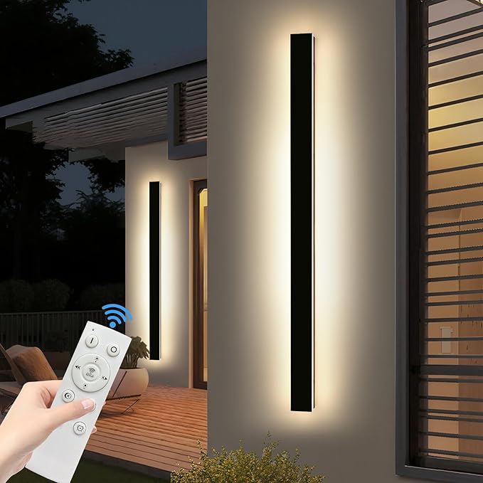 2 Pack 71inch Modern Outdoor Wall Light, 3000K-6000K Dimmable Outside Wall Sconce, Black Exterior Lighting Fixture, IP65 Waterproof Linear Long Garage Lights for Porch Patio Garden with Remote Control