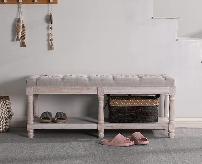 Kmax Storage Entryway Bench Tufted Shoe Rack Bench Wood Window Bench for Hallway Entrance Bedroom Corner, Beige