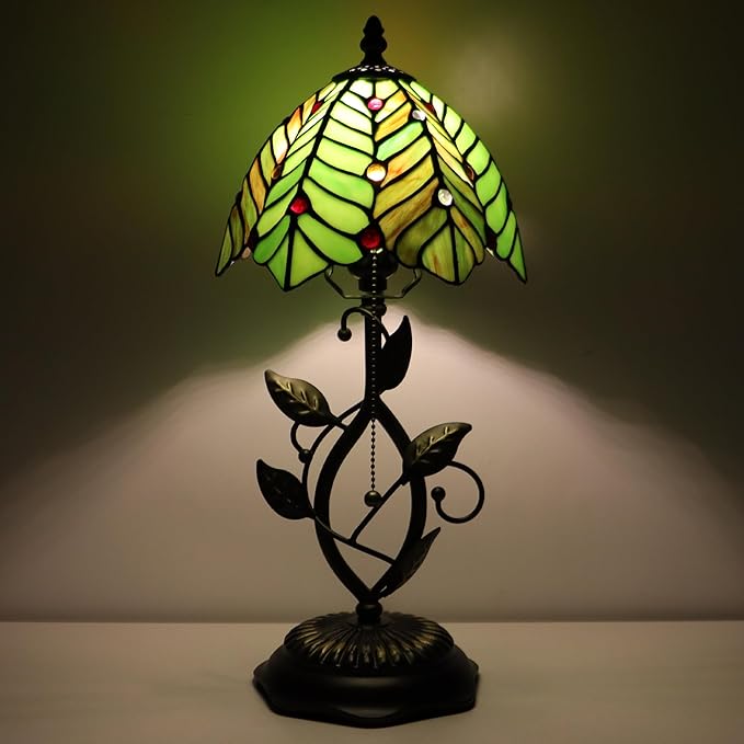 Small Tiffany Lamp Brown Green Coconut Leaves Style Stained Glass Table Lamps Desk Bedside Reading Light 8X8X18 Inches with Bronze Metal Leaf Resin Base