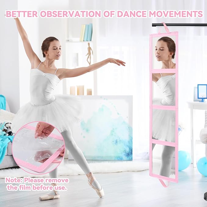 ROYALAY Foldable Full Length Mirror with Handle, 47 * 13in Four-fold Portable Mirror for Travel Makeup Dancing and Fitting Clothes, Pink