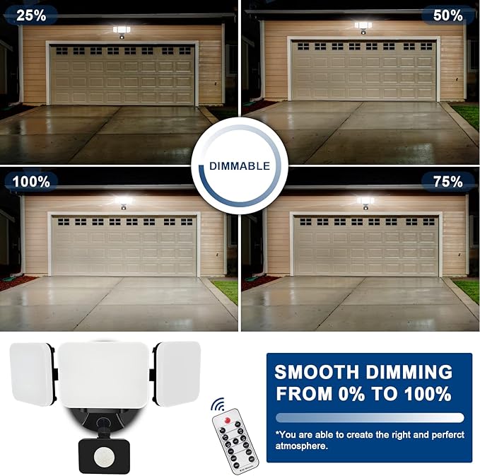 EMANER Outdoor Security Light Remote Control, 280W Equiv. Motion Sensor Floodlight, Keep On or Motion Activated, Tunable White, 110V Dimmable Wall Light for Garage (Black, 1-Pack)