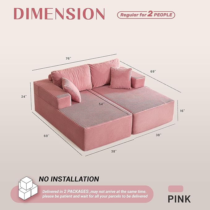 Chaise Lounge Chair, Boneless Couch for Living Room and Bedroom, Sleeper Couches Reading Chairs, Corduroy, Pink