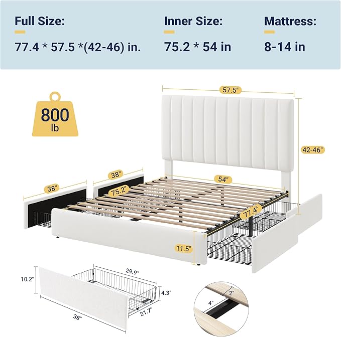 Allewie Full Size Storage Bed Frame, Vertical Channel Tufted Adjustable Headboard, Velvet Upholstered Platform Bed with 4 Oversized Underbed Drawers, Wooden Slats Support, No Box Spring Needed, White