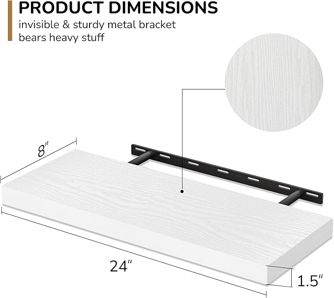 Fun Memories 24 Inch Floating Shelves - Deep Rustic White Wooden Wall Shelves - Extra Deeper & Thicker Wall Mounted Storage Shelf for Bedroom, Kitchen, Farmhouse - 2 Pack, Rustic White