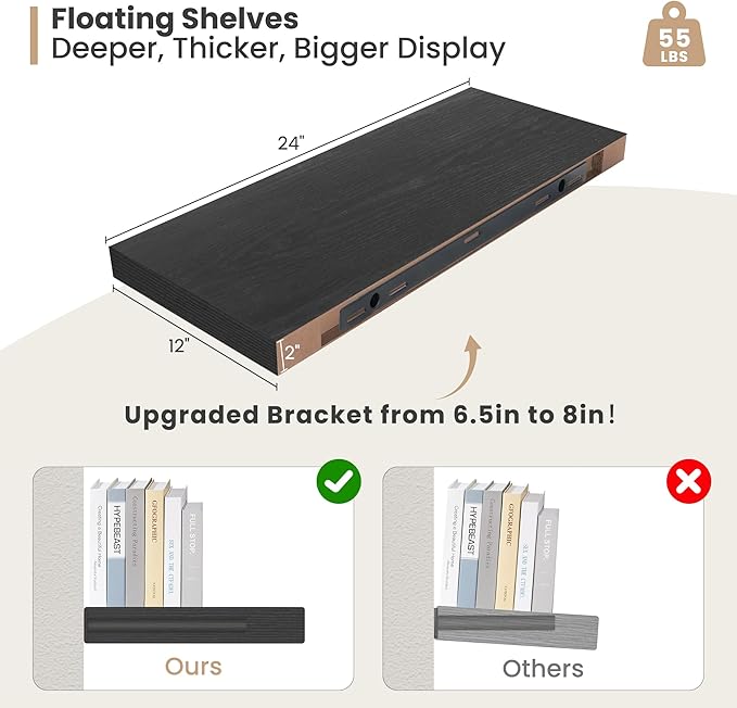 Heimlove 24 x 12 Inch Deep Floating Shelves Wall Mounted with Invisible Brackets,Storage Hanging Shelf for Wall Decor in Bathroom, Bedroom, Toilet, Kitchen, Living Room, Office Set of 2 (Black)