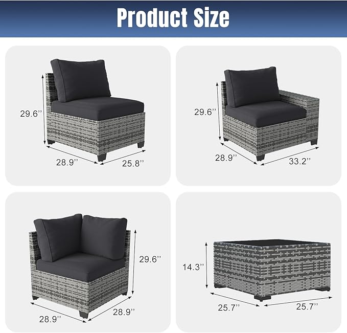Aoxun 6 Pieces Patio Furniture Set Wicker Rattan Outdoor Sectional Conversation Set with Coffee Table and 4” Thickened Cushions, Gray Black (Waterproof Cover Included)