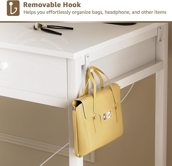 Makeup Vanity Desk with Mirror and Lights - Girls White Vanity Table Set with Chair, Fabric Drawers, Power Outlet, Small Modern Make Up Dressing Table for Bedroom